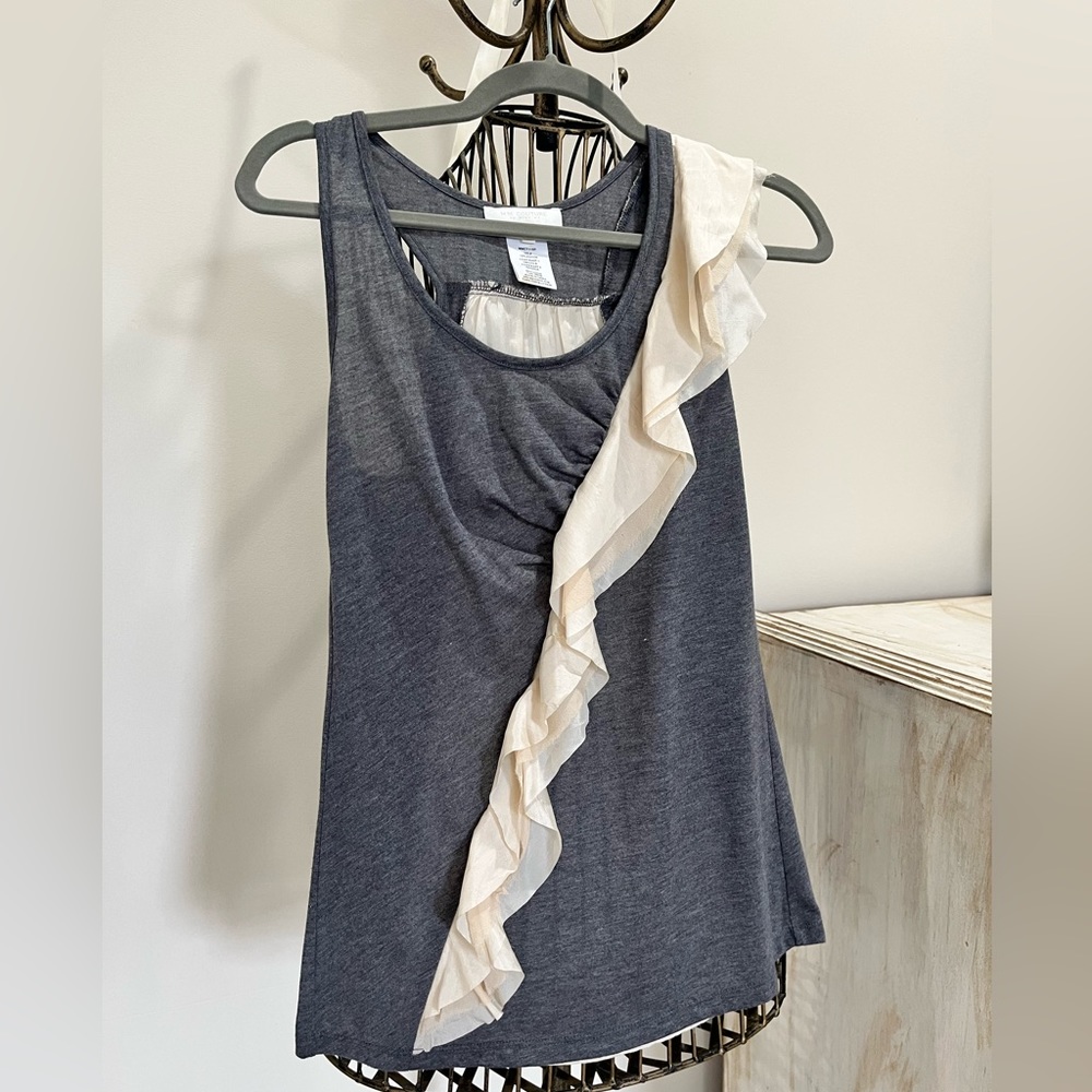 MM Couture Gray racerback tank with creamy silk side ruffles; size XS